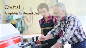  Presentation with apprentice - Presentation enhanced with carpenter showing apprentice how to use sawing machine background and a soft green colored foreground