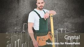  Presentation with spirit - Cool new slide set with carpenter smiling to camera with spirit level against hand drawn city plan backdrop and a tawny brown colored foreground