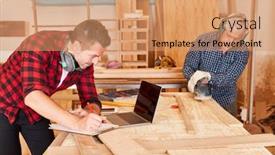  Presentation with team planning - Colorful slide set enhanced with carpenter-team-in-the-workshop backdrop and a coral colored foreground