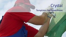  Presentation with flat roof - PPT layouts consisting of carpenter tightening bolt connecting rafter and collar beam of house roof using flat wrench background and a sky blue colored foreground