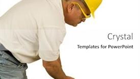  Presentation with measurement - Beautiful presentation design featuring carpenter wearing a hardhat and safety glasses making a measurement with a tape measure backdrop and a white colored foreground