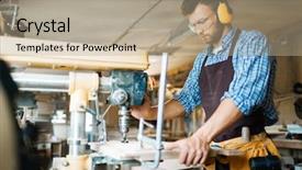  Presentation with press tool - Slide deck consisting of carpenter wearing apron and tool background and a mint green colored foreground