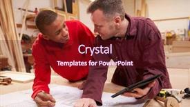  Presentation with apprentice - PPT theme featuring carpenter with apprentice looking at plans in workshop background and a tawny brown colored foreground