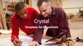  Presentation with apprentice - Presentation design consisting of carpenter with apprentice looking at plans in workshop background and a wine colored foreground