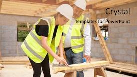  Presentation with apprentice - Colorful slide set enhanced with carpenter with female apprentice working backdrop and a coral colored foreground