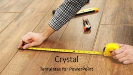  Presentation with flooring - PPT theme having carpenter worker installing laminate flooring in the room background and a coral colored foreground