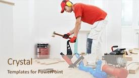  Presentation with flooring - Slide set consisting of carpenter worker installing wood floor parquet board during flooring work with hammer background and a lemonade colored foreground