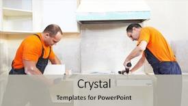  Presentation with kitchen furniture - Colorful theme enhanced with carpenter workers at kitchen furniture backdrop and a light gray colored foreground