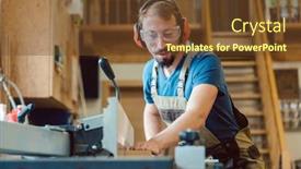  Presentation with carpenter - Slide set with carpenter working with wood at the circular cutter background and a tawny brown colored foreground