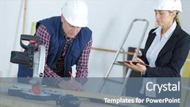  Presentation with carpenter - Theme enhanced with carpenter writing on blueprint woman background and a  colored foreground