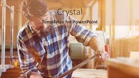  Presentation with wood joinery - Amazing PPT theme having carpenters-debarking-wood-with-peeling backdrop and a coral colored foreground