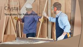  Presentation with teamwork cooperation - Audience pleasing PPT layouts consisting of carpenters-woking-in-teamwork backdrop and a coral colored foreground
