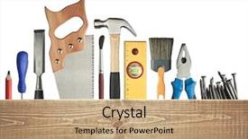  Presentation with wood tools - Audience pleasing slides consisting of carpentry background tools underneath backdrop and a coral colored foreground