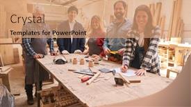  Presentation with workshop - PPT layouts with carpentry-team-with-master-craftsmen background and a coral colored foreground