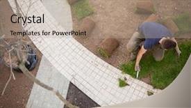  Presentation with grass - Colorful theme enhanced with carpet installation - gardener installing natural grass turfs backdrop and a coral colored foreground