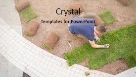  Presentation with lawn and garden - Theme featuring carpet installation - gardener installing natural grass turfs background and a coral colored foreground