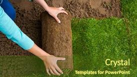  Presentation with role play woman and man - Amazing slides having carpet installation - woman applying turf rolls backdrop and a tawny brown colored foreground