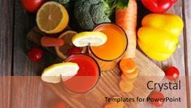  Presentation with tomato juice - Presentation theme featuring carrot and tomato juice in glasses and fresh vegetables on wooden background background and a coral colored foreground
