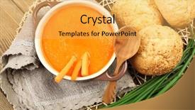  Presentation with cream - Slide set consisting of carrot cream-soup with buns on table close up background and a yellow colored foreground