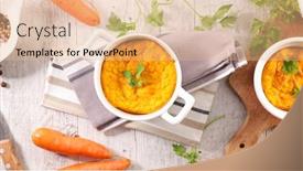  Presentation with crisp carrot - Presentation theme having carrot-flan-or-souffle-gourmet background and a coral colored foreground