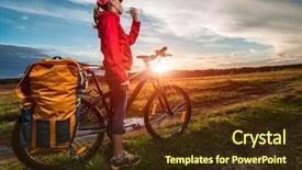  Presentation with bicycle - Presentation theme featuring carry cross - hiker with loaded bicycle stands background and a tawny brown colored foreground