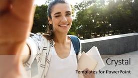  Presentation with cheerful - Amazing presentation having carrying backpack outdoors holding books backdrop and a  colored foreground