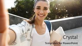  Presentation with happy young student girl holding - Presentation with carrying backpack outdoors holding books background and a soft green colored foreground