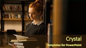  Presentation with teenage girl - Cool new PPT theme with carrying books at the library backdrop and a wine colored foreground