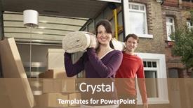  Presentation with young happy couple - Cool new presentation with carrying rolled carpet by moving backdrop and a coral colored foreground