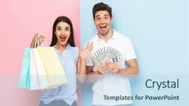  Presentation with young happy couple - Beautiful theme featuring carrying shopping bags showing money backdrop and a sky blue colored foreground