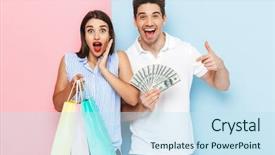  Presentation with money bag sysmbol - Theme having carrying shopping bags showing money background and a sky blue colored foreground