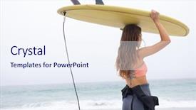  Presentation with female - PPT theme consisting of carrying surfboard on her head background and a sky blue colored foreground