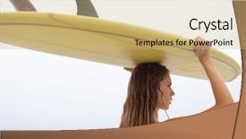  Presentation with head - Presentation consisting of carrying surfboard on her head background and a yellow colored foreground