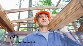  Presentation with solar plant construction - PPT layouts having carrying wooden planks at construction background and a teal colored foreground