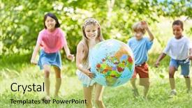  Presentation with children little child girl plays - Cool new slides with global connections kids - happy girl carries globe backdrop and a yellow colored foreground