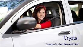  Presentation with driver - Slide deck featuring cars ladies - happy woman driver background and a sky blue colored foreground