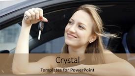  Presentation with car key - Cool new slide deck with cars ladies - happy woman showing the key backdrop and a coral colored foreground
