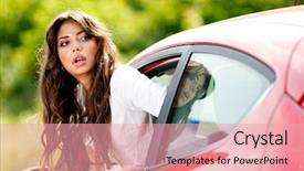  Presentation with young - Colorful presentation theme enhanced with cars ladies - young pretty woman looking backdrop and a coral colored foreground