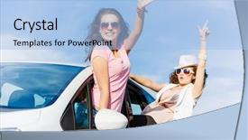  Presentation with women - Colorful slide set enhanced with cars ladies - young pretty women leaning backdrop and a  colored foreground