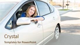  Presentation with car - Cool new slide deck with cars ladies - young woman sitting in her backdrop and a  colored foreground
