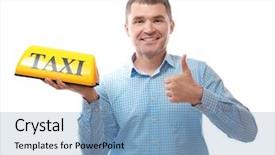  Presentation with taxi - Cool new PPT theme with cars transportation - man with taxi roof light backdrop and a light blue colored foreground