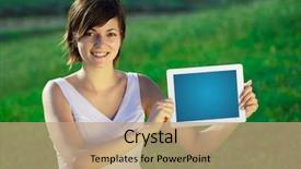  Presentation with tablet - Slide deck consisting of cart chart - young woman looking at modern background and a coral colored foreground