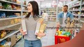  Presentation with shopping cart or supermarket trolley - Slide deck featuring couple with cart in supermarket background and a coral colored foreground