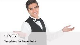  Presentation with years in the making - PPT theme consisting of cartain - handsome young waiter making background and a  colored foreground