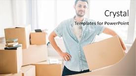  Presentation with box carton - Presentation design featuring carton box in hands housewarming background and a white colored foreground