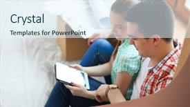  Presentation with ipad - PPT layouts featuring carton flower - couple moving in house sitting background and a sky blue colored foreground