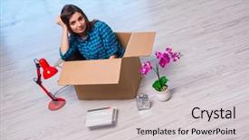  Presentation with personal belongings - Colorful slides enhanced with carton flower - young woman moving personal belongings backdrop and a  colored foreground