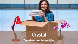  Presentation with personal belongings - PPT theme with carton flower - young woman moving personal belongings background and a  colored foreground