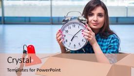  Presentation with personal belongings - Cool new PPT layouts with carton flower - young woman moving personal belongings backdrop and a  colored foreground