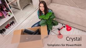  Presentation with personal belongings - Cool new presentation theme with carton flower - young woman packing personal belongings backdrop and a  colored foreground
